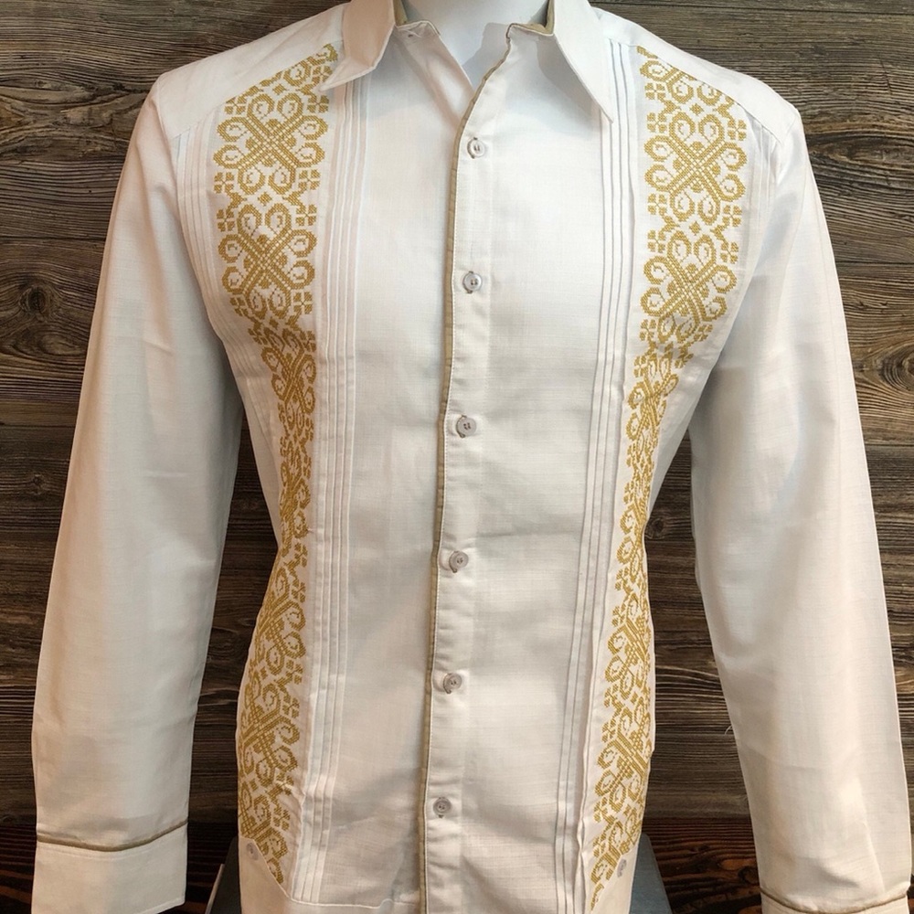 Mexican Wedding Shirt Guayabera White Long Sleeve Gold Embroidery